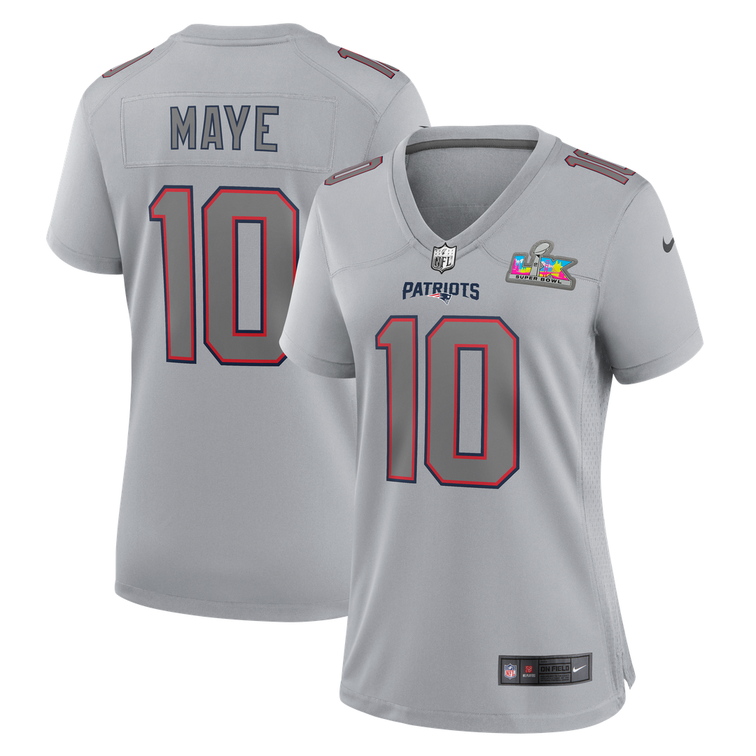 Drake Maye New England Patriots Women's Super Bowl LX Patch Atmosphere Fashion Game Jersey - Silver