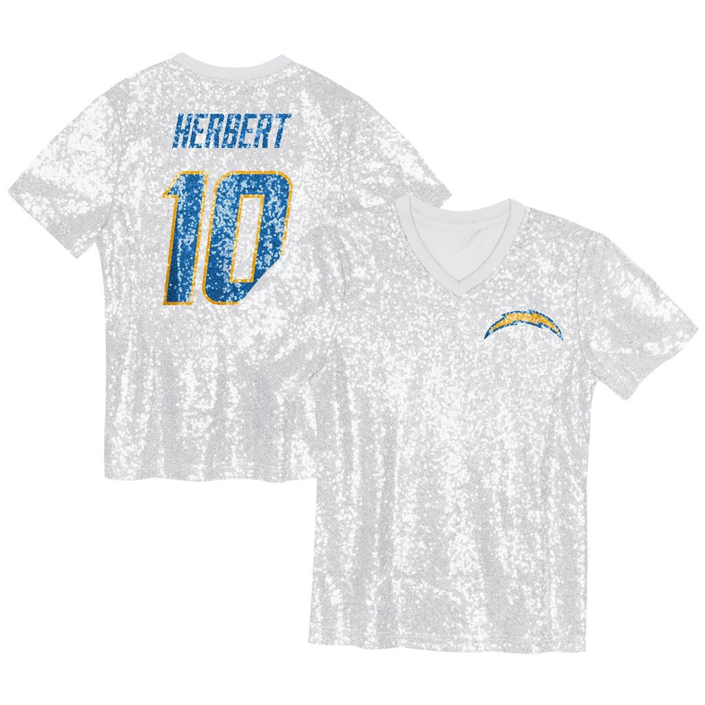 Justin Herbert Los Angeles Chargers Girls Youth Sequin V - Neck Fashion Jersey - Powder Blue