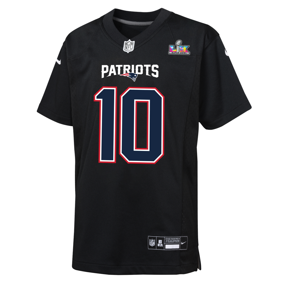 Drake Maye New England Patriots Youth Super Bowl LX Patch Carbon Fashion Game Jersey - Black