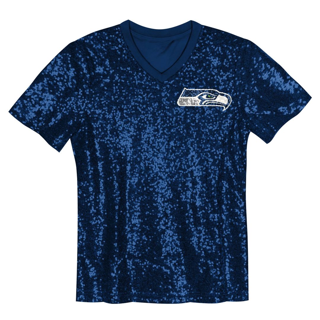 12 Fan Seattle Seahawks Girls Youth Sequin V - Neck Fashion Jersey - College Navy