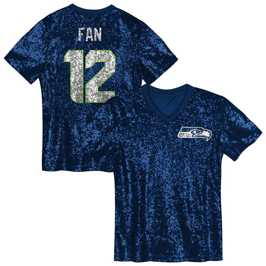 12 Fan Seattle Seahawks Girls Youth Sequin V - Neck Fashion Jersey - College Navy