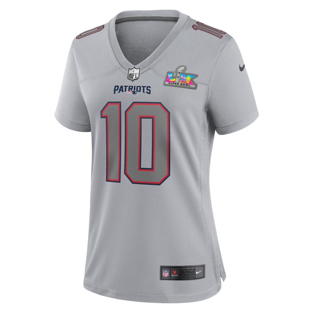 Drake Maye New England Patriots Women's Super Bowl LX Patch Atmosphere Fashion Game Jersey - Silver