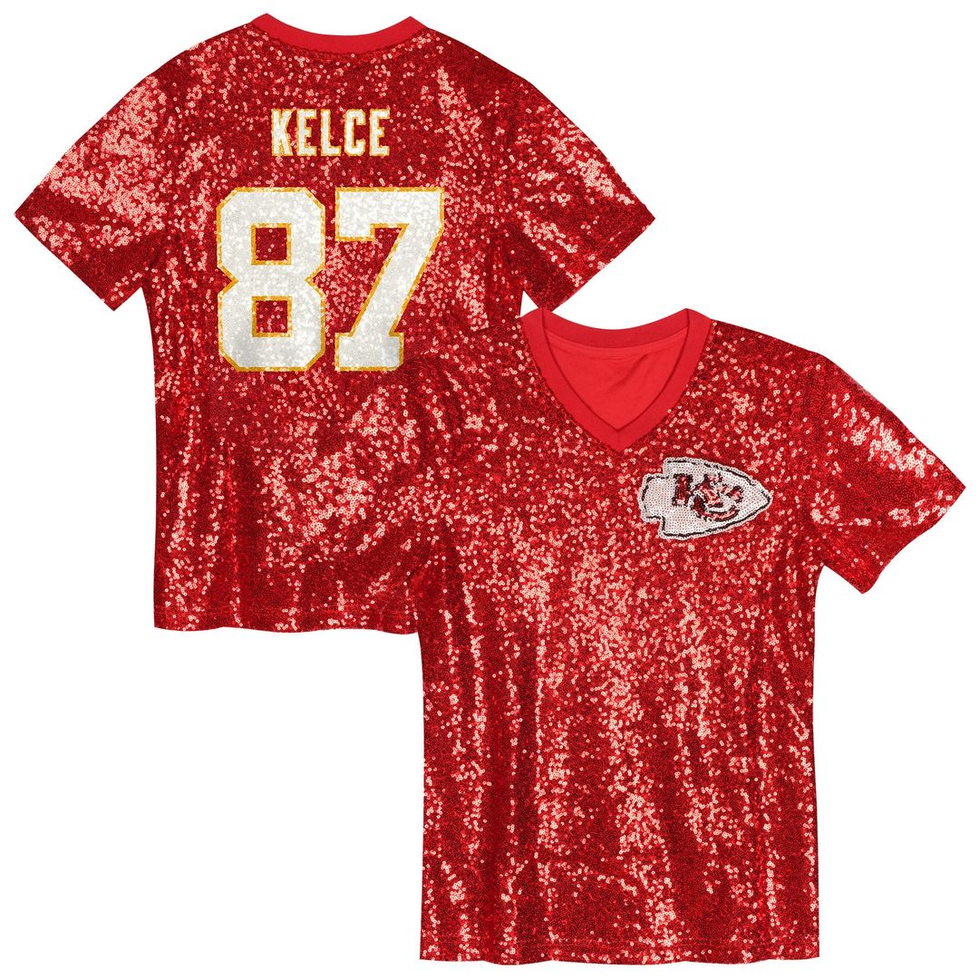 Travis Kelce Kansas City Chiefs Girls Youth Sequin V - Neck Fashion Jersey - Red