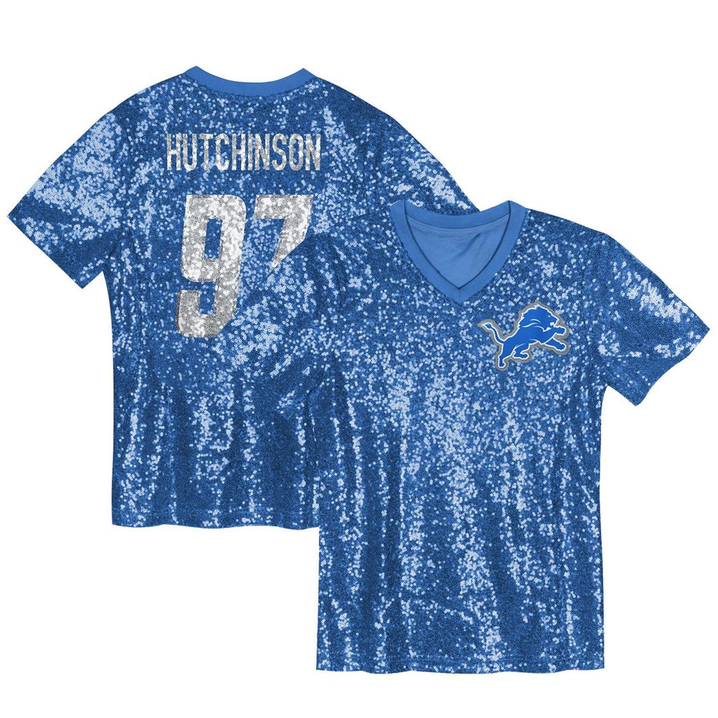Aidan Hutchinson Detroit Lions Girls Youth Sequin V - Neck Fashion Jersey - Blue